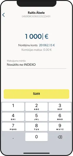 Viedtālrunis, kurā attēlots INDEXO Bankas lietotnes maksājuma veikšanas ekrāns.
