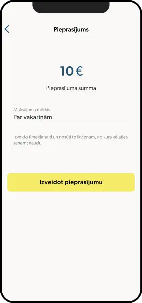 Viedtālrunis, kurā redzams INDEXO Bankas aplikācijas maksājuma pieprasījuma ekrāns