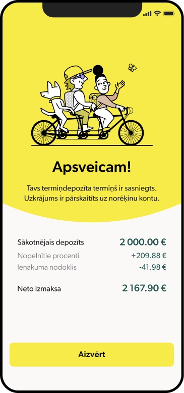 Viedtālrunis, kurā redzams INDEXO Bankas aplikācijas apsveikuma ekrāns par termiņnoguldījuma laikā nopelnīto naudu.