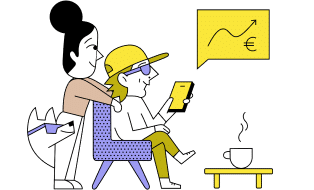 Divi ilustrēti cilvēki un suns skatās uz viedtālruni, kurā redzams pieaugošas eiro vērtības grafiks, blakus uz galda ir karsta kafija.