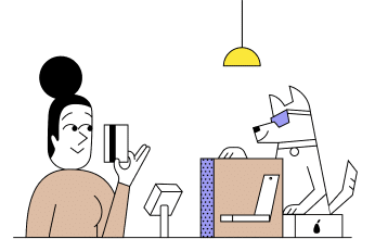 Ilustrēta sieviete pērk datoru pie kases kopā ar personificētu suni saulesbrillēs, kurš atbalsta viņas izvēli.
