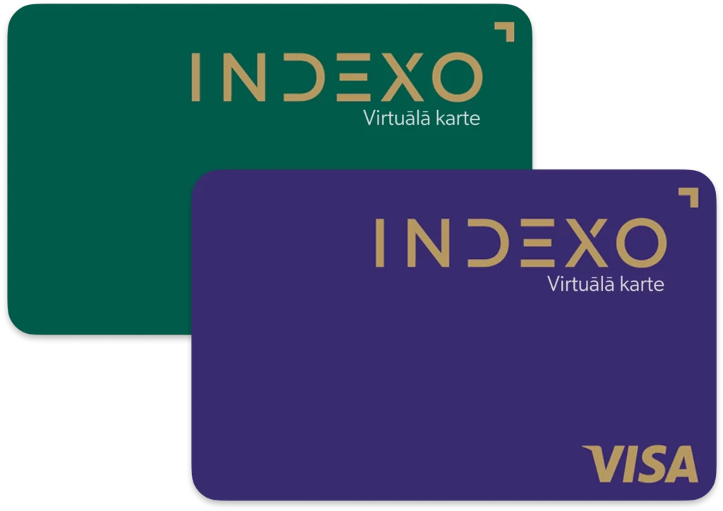 INDEXO Bankas maksājumu kartes zaļā un violetā krāsā