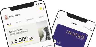 Two smartphones displaying screens from the "Accounts" and "Cards" sections of the INDEXO application. On the front of the smartphones is a QR code that, when scanned, takes you to Google or the App Store.