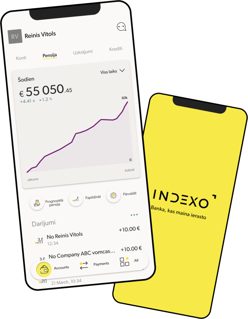 2 INDEXO Bankas aplikācijas ekrāni. Vienā parādīta pensiju 3. līmeņa nodaļas izvēlne ar naudas pieauguma grafiku, otrā -INDEXO Bankas sākumekrāns ar INDEXO logo un saukli -Bankas, kas maina ierasto