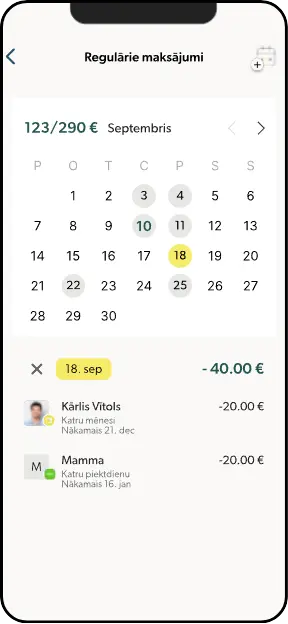 Viedtālrunis, kurā attēlots INDEXO Bankas aplikācijas regulāro maksājumu sadaļas ekrāns ar kalendāru, iekrāsotām dienām, kad notiek maksājumi un iestatītajiem regulārajiem maksājumiem