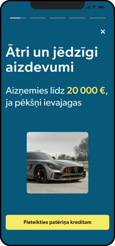 Viedtālrunis, kur redzams ekrāns no INDEXO aplikācijas ar tekstu: Ātri un jēdzīgi aizdevumi. Aizņemies līdz 20000 eiro, ja pēkšņi ievajagas
