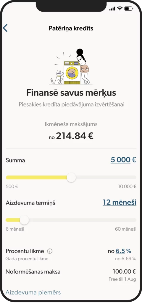 Viedtālrunis, kurā redzams ekrāns no INDEXO aplikācijas sadaļas "Patēriņa kredīts"