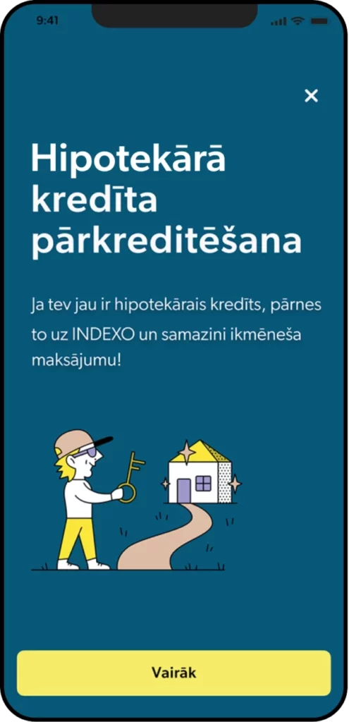 Иллюстрация человека с ключом, идущего к дому, с текстом на латышском языке о рефинансировании ипотеки.