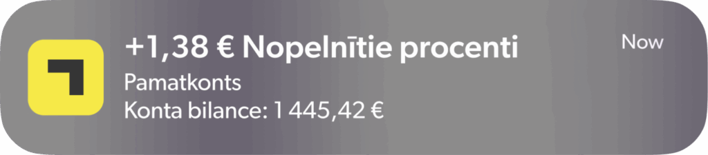 Уведомление показывает +1,38 € заработанных процентов; баланс счета составляет 1 445,42 € на основном счете.