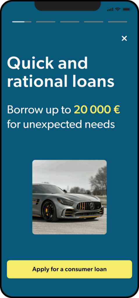 A phone that shows a screen from INDEXO app with text: Quick and rational loans, borrow up to 20 000 euro for unexpected needs