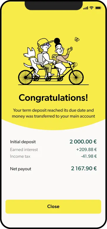 A phone showing INDEXO app congratulations screen for termdeposits section about earned money