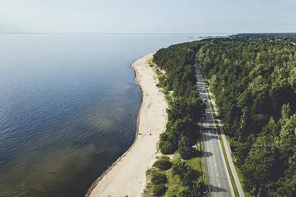 Aerial view of a coastal road beside a sandy beach and dense green forest by calm water.