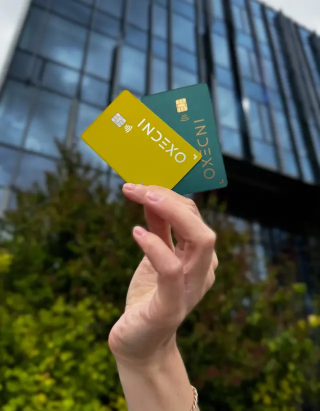 A hand holding two INDEXO bank cards